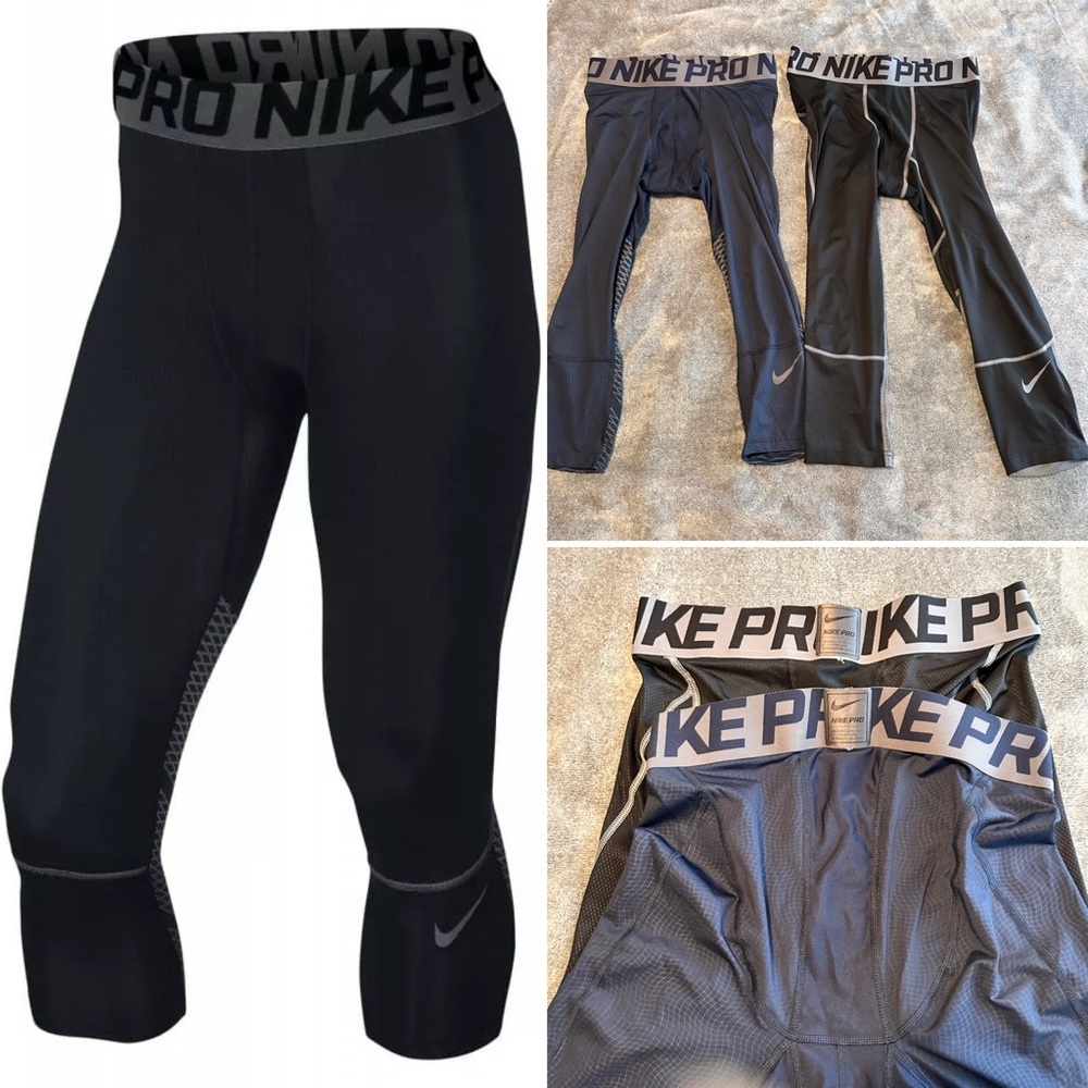 (2) Nike Men’s Pro 3/4 M Black Blue Compression Leggings Tights Workout Training
